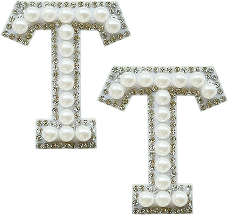 SOYCEV 2PCS White Pearl Iron on Letter Patches Rhinestone Letter Patches Sequin Letter Patches Sparkly Letter Patches for Backpacks Clothing (T) - Image 1